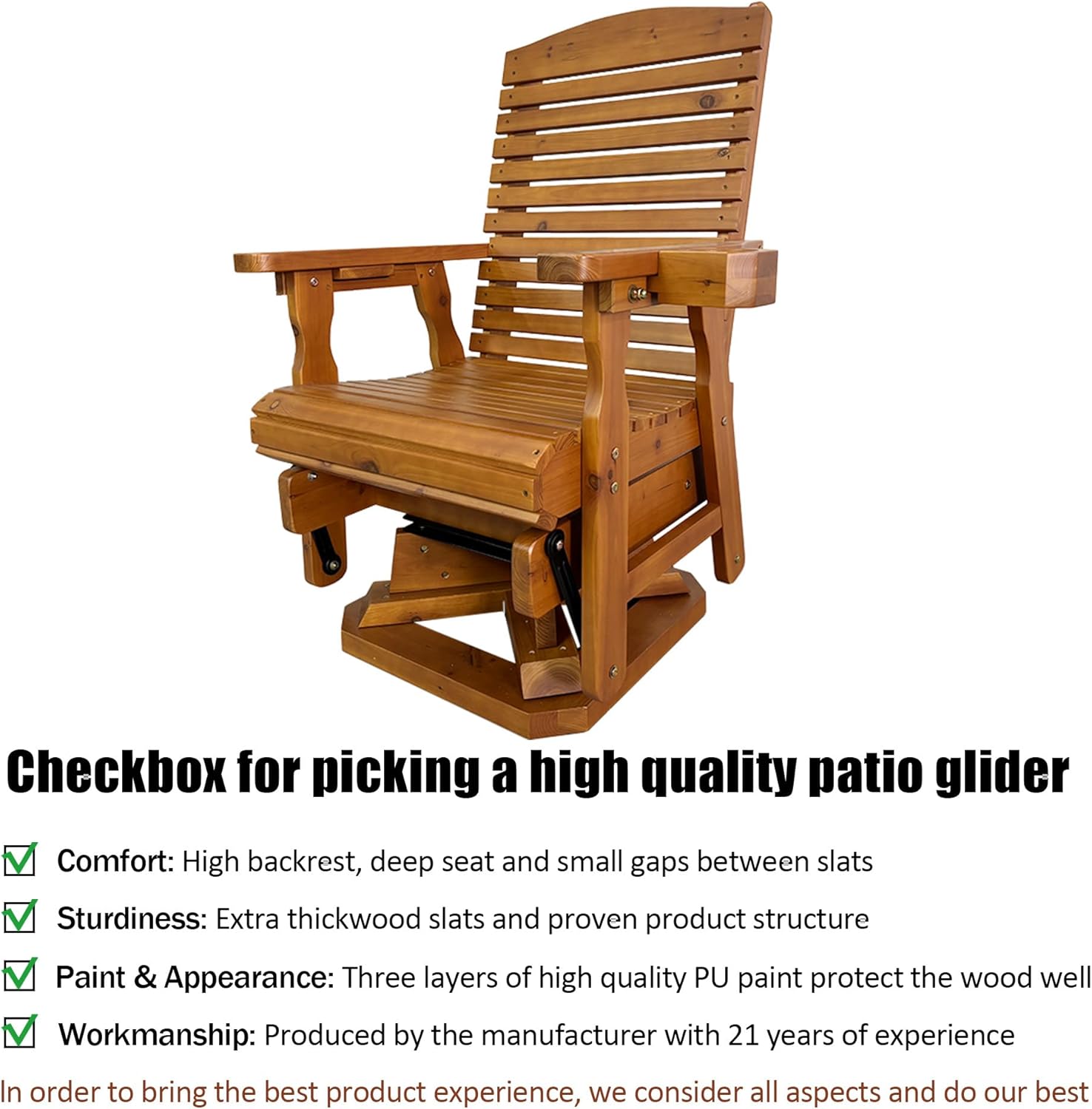 Wooden Swivel Glider Chair, 360° Outdoor Patio Rocker with Ergonomic Design, Smooth Gliding Motion, Solid Fir Wood, Weather-Resistant PU Finish, Heavy Duty 500 LBS (Teak Tone)