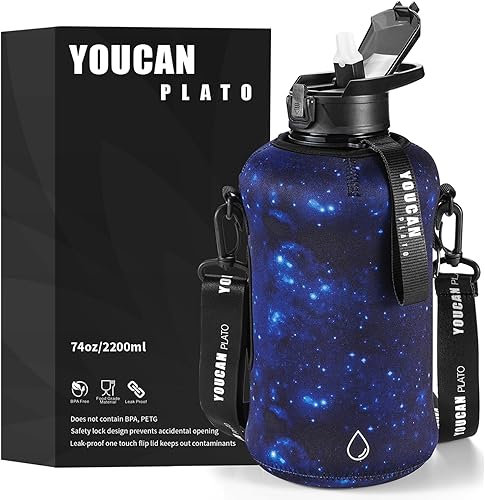 Miniatura 8 de Botella de agua de medio galón con popote de 74 onzas botella de agua grande para gimnasio con funda de almacenamiento jarra de agua de galón sin