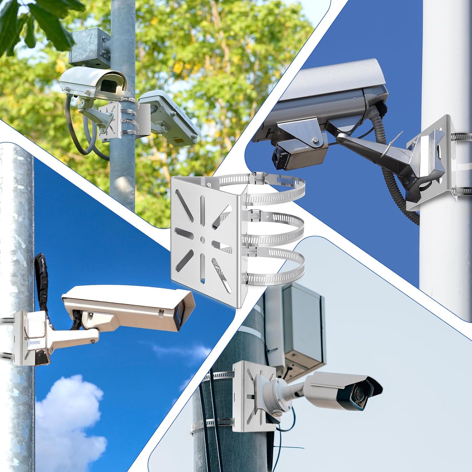 6 Pcs Universal Vertical Pole Mount for Security Camera Wall Mounting Bracket with 6 Loops Solid Metal Pole Bracket for CCTV Camera Indoor Outdoor Solar Panel LED Wall/ Stage Light