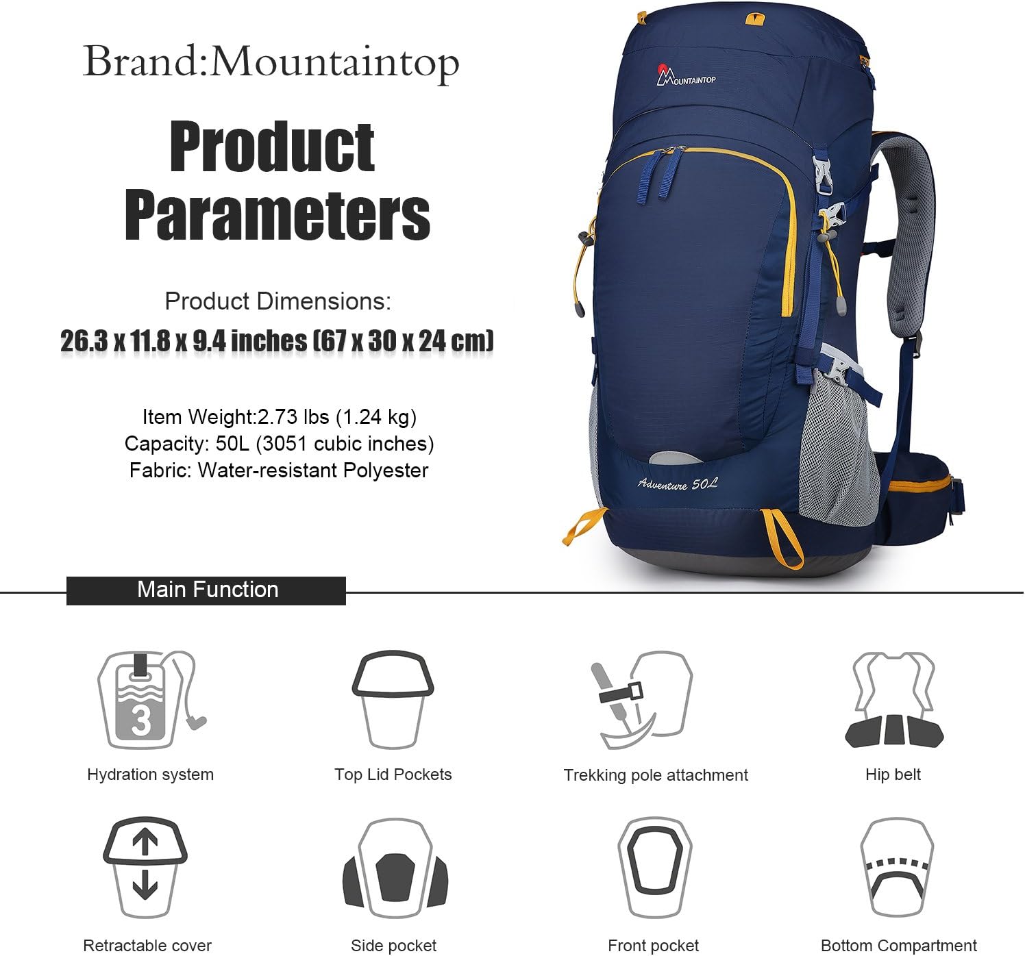 Mountaintop 50 Liter Hiking Internal Frame Backpack with Rain Cover : Sports & Outdoors