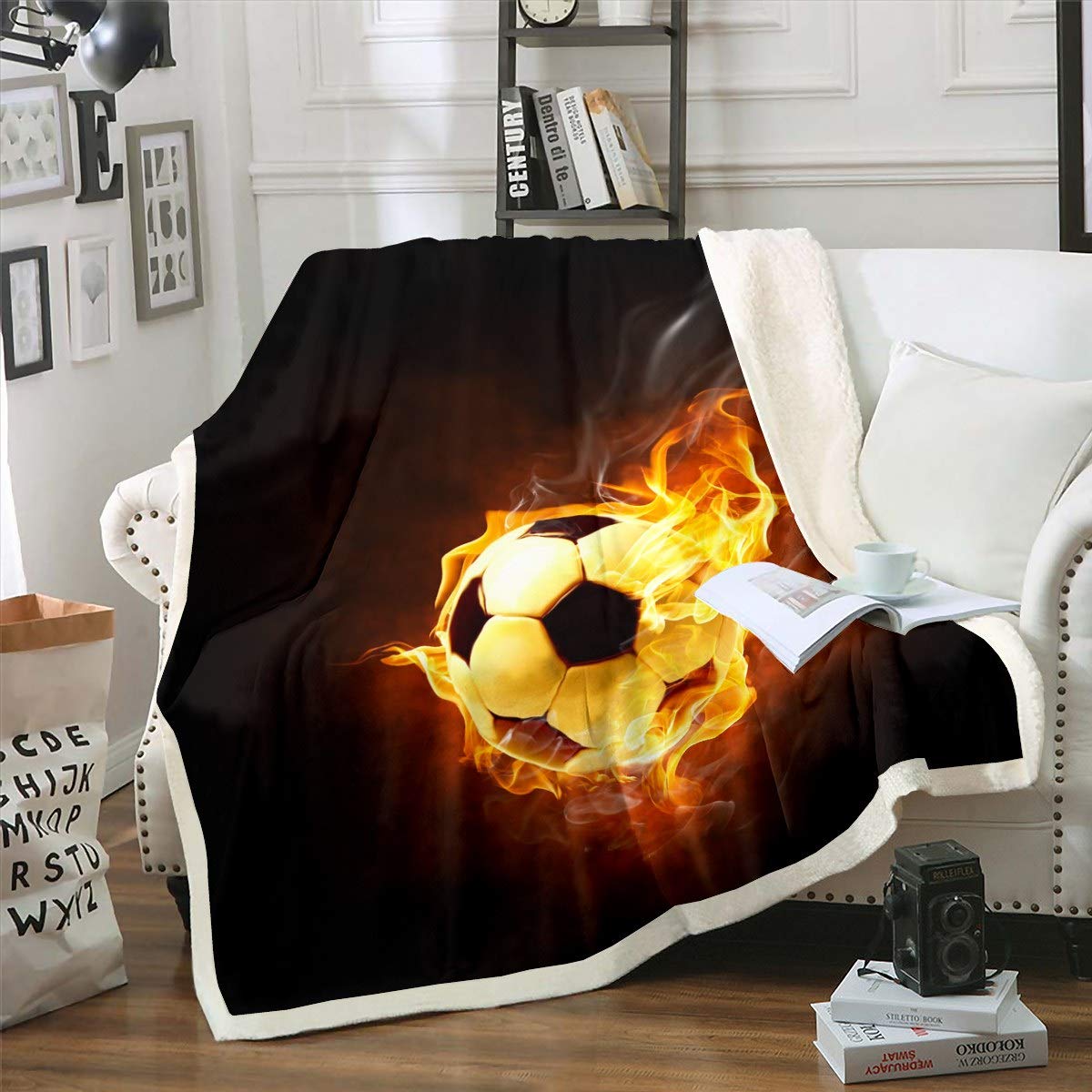 Loussiesd Football Sherpa Blanket Boys Sports Theme Fleece Throw Blanket Kids Boys 3D Football Pattern Competitive Games for Sofa Bed Couch King 87x94 Inch — image 1