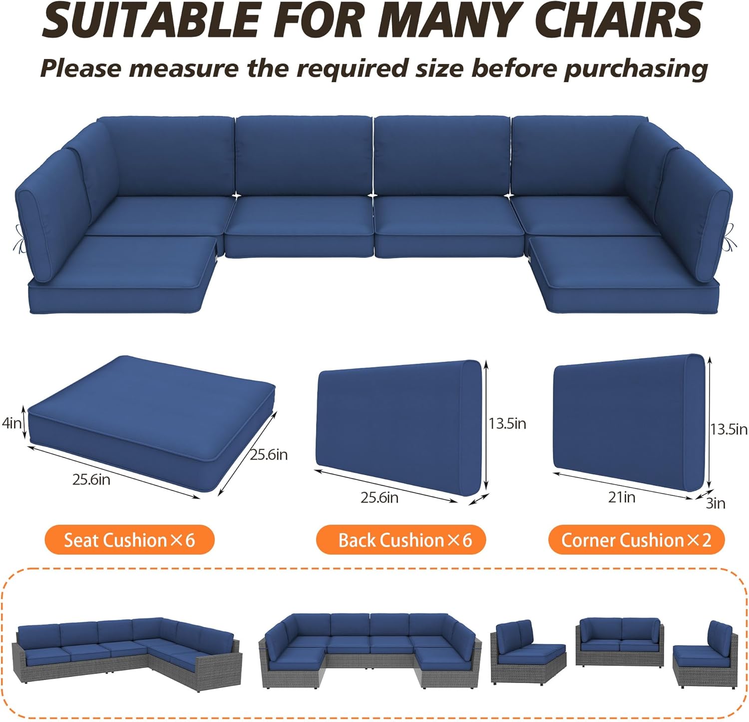 14Piece Outdoor Sectional Cushions Replacement Set, Fade Resistant Outside Couch Cushions, Backrest uses 30D Foam, Suitable for 6-Seat Patio Conversation Furniture Sets,Blue