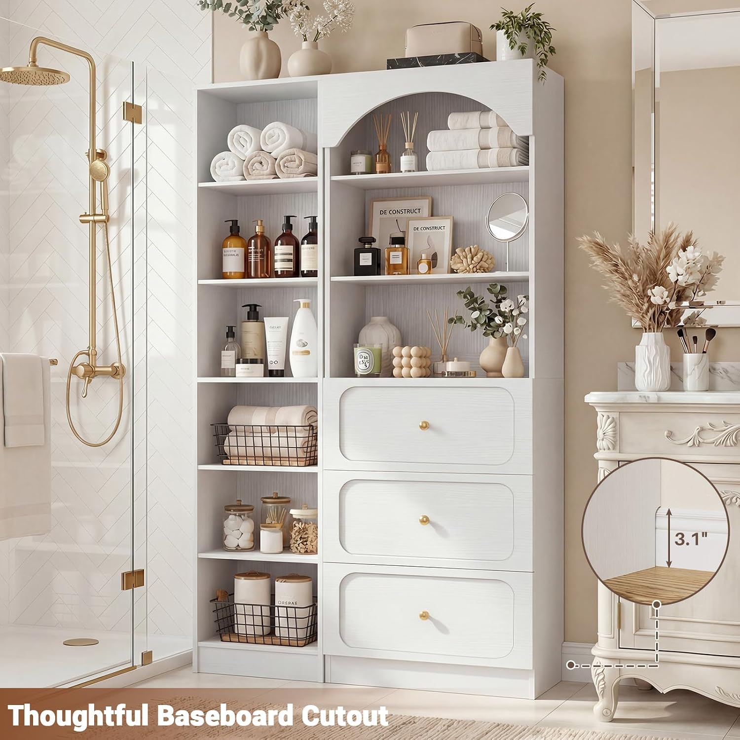 Cyclysio 80" Tall Bookshelf System with 3 Drawers, Arched Bookcase with 9-Tier Open Shelves, Wooden Pantry Storage Organizer with Baseboard Cutout for Living Room, Kitchen, Bathroom