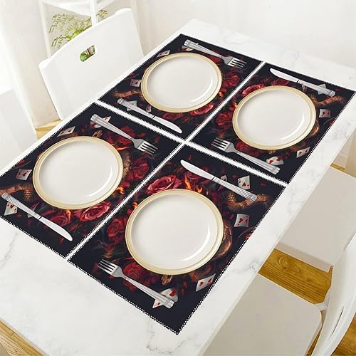 Miniatura 5 de Halloween Poker Red Rose Fire Skull Placemats Set of 6 Resistant Table Mats Washable Place Mats for Dinner Party Table Decoration