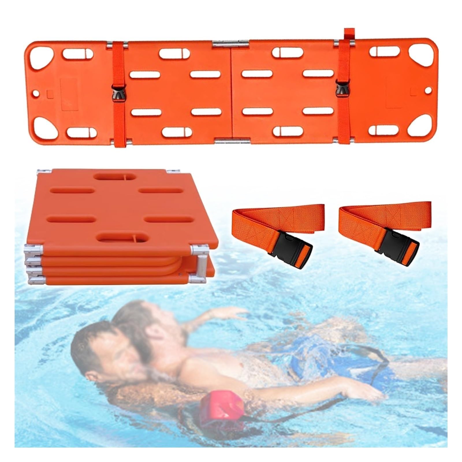 AEDNX Water Floating Stretcher, Four-Fold Orange Lightweight Spine Board Stretcher, Rescue Spine Boards with Seat Belt for Pool Emergencies, Weight Capacity 350lbs