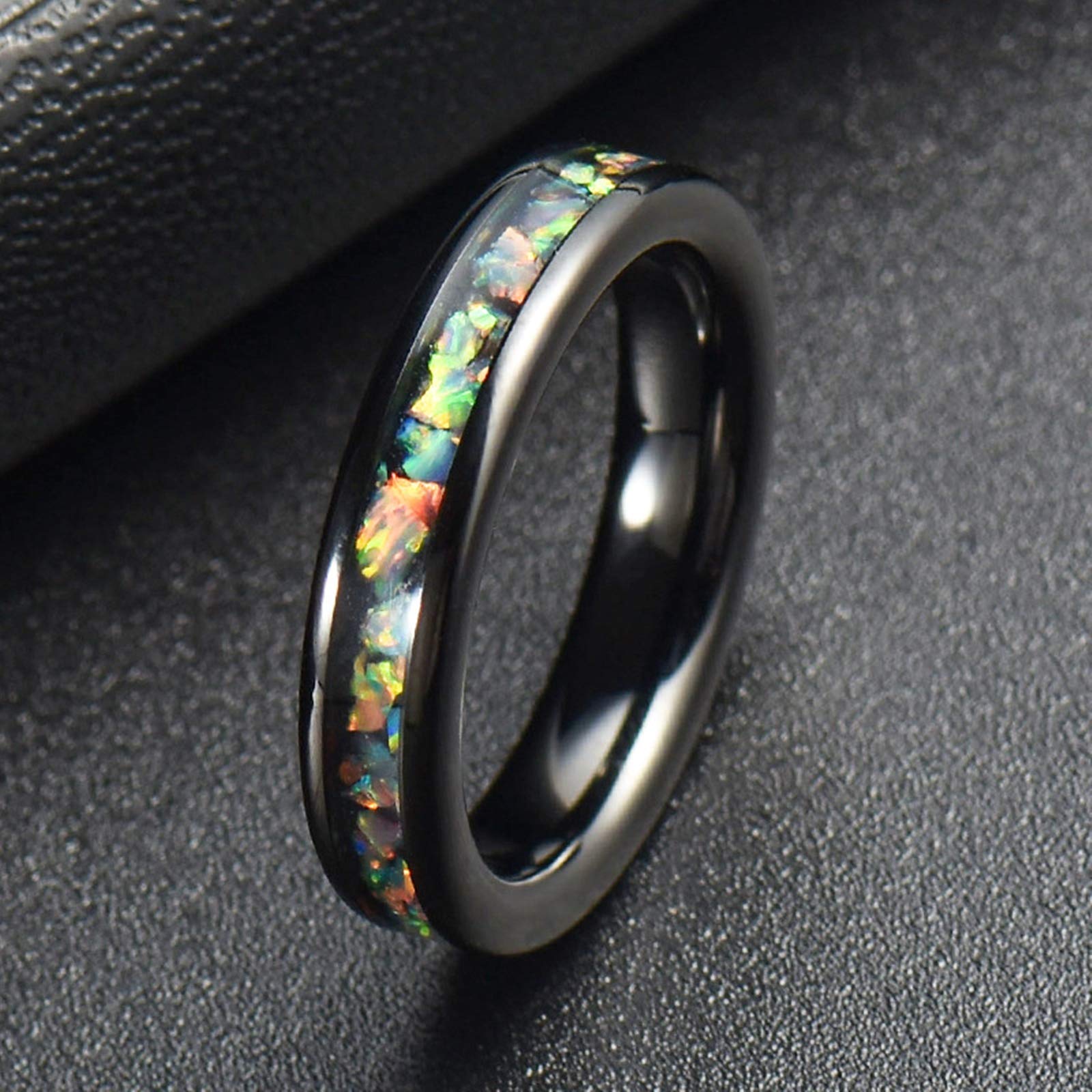 Gualiy Anillo de boda de acero inoxidable, ajuste cómodo, anillos de compromiso, anillos de matrimonio de 4 mm, anillo negro incrustado de concha colorida para mujeres L 1/2 + hombres P 1/2, Women L