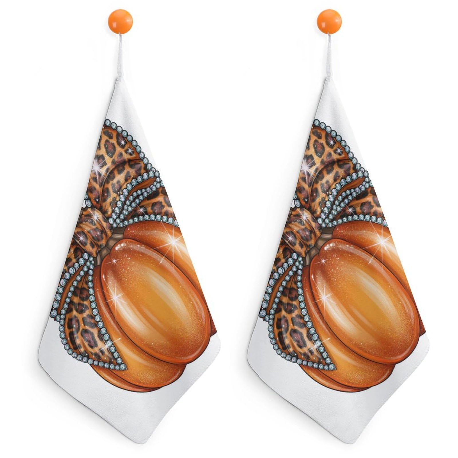 Jubonexis Orange Pumpkin with Leopard-print Bow Small Hand Towel with Hanging Loop 2 PCS Absorbent Soft Wash Cloth for Kitchen Bathroom
