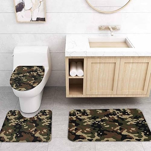 Miniatura 4 de Juego de 4 cortinas de ducha de camuflaje con alfombra antideslizante, cubierta para tapa de inodoro, tapete de baño y 12 ganchos, juego de cortina