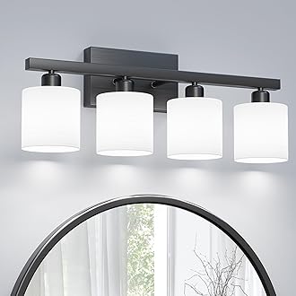PARTPHONER Bathroom Light Fixtures, Bathroom Lighting Fixtures Over Mirror, Interior Classic Vanity Lights, Modern Vanity Light with Textured White Glass Shade, Matte Black, 4-Light