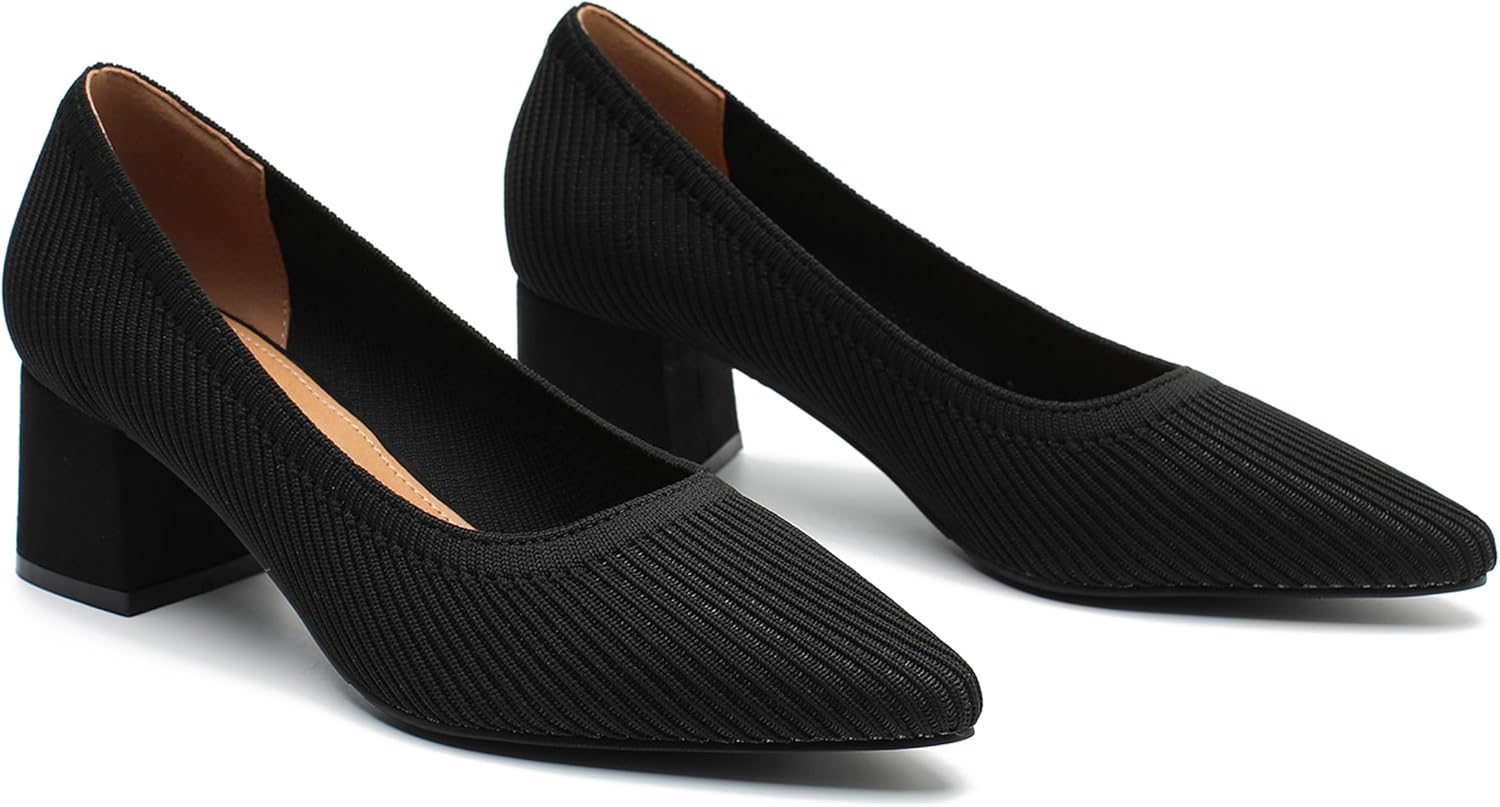 Enelauge Women’s Knit Pumps Closed Toe Low Chunky Block Heels Slip On Comfortable Pointed Toe Office Work Dress Business Wedding Prom Shoes - Image 5