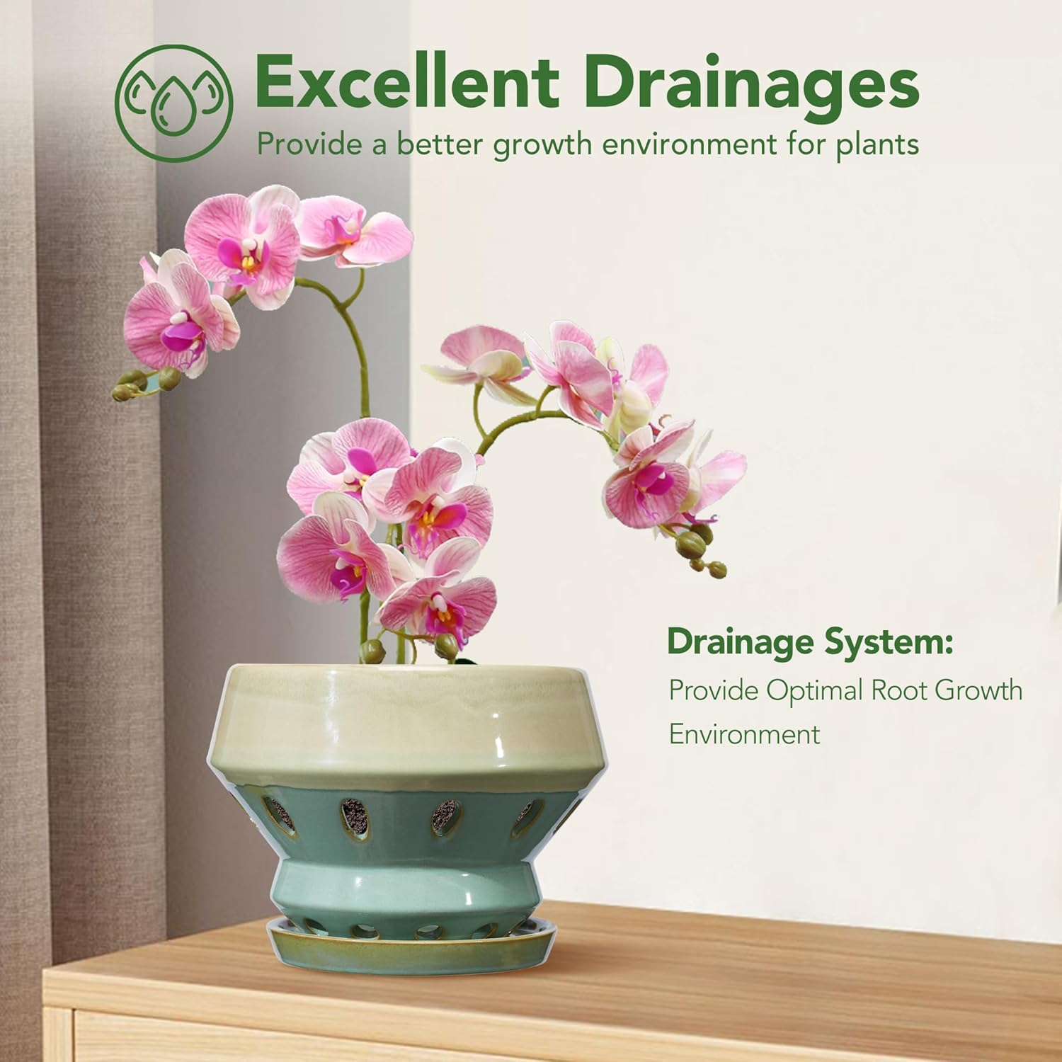 Gepege 6.5 Inch Orchid Pots with Holes for Indoor Plants, Plant Pots with Drainage Hole, Ceramic Planter with Saucers, Indoors Flower Pots