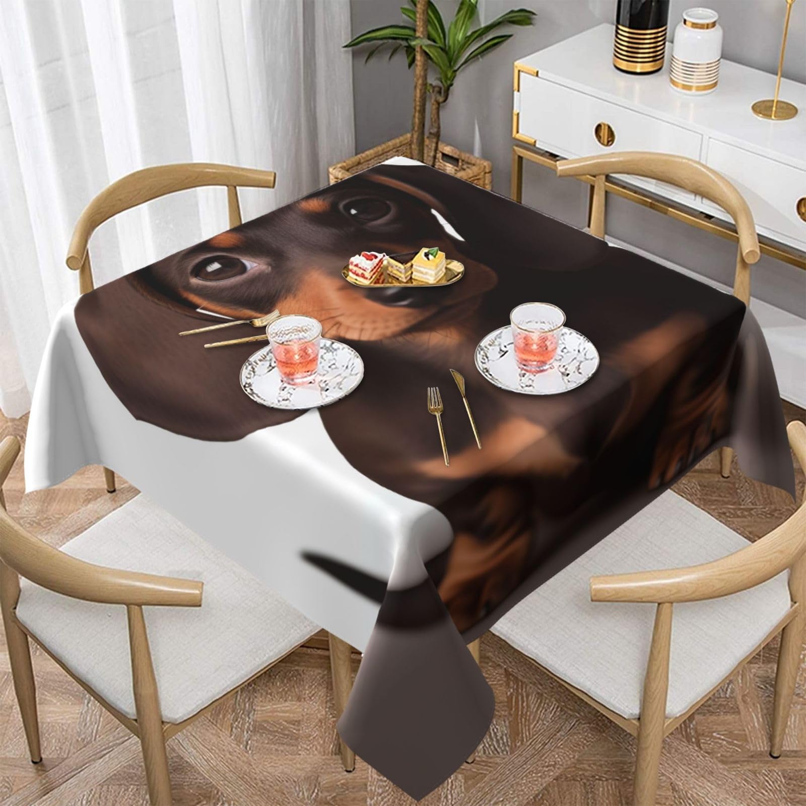 WPKJU Cute Dachshund Dog Printed Square Tablecloth 60x60 inch Water Resistant Table Cover Washable Rectangle Table Cloth for Dining Tables