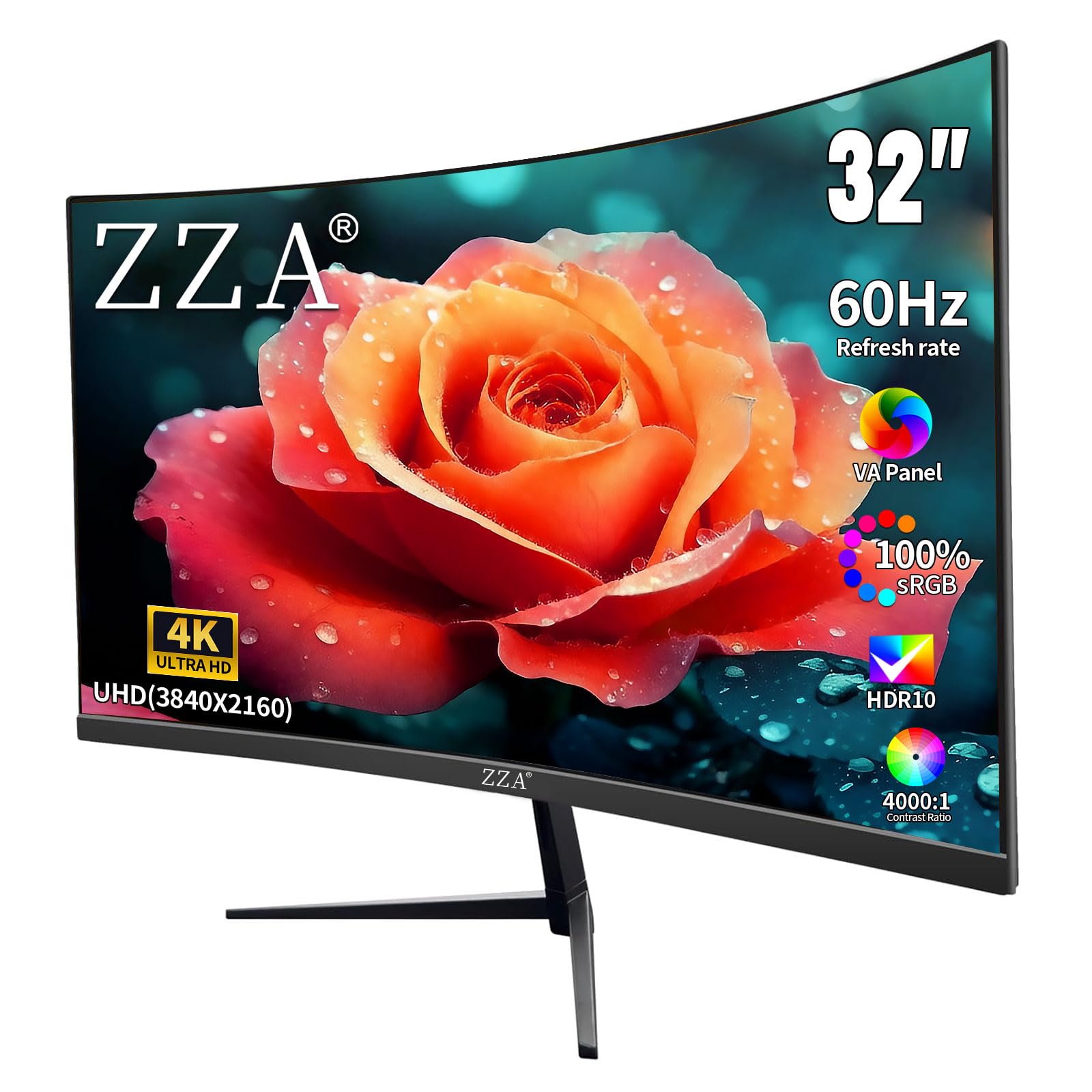 ZZA 32 Inch 4K 1500R Computer Monitor, UHD (3840 x 2160) 60Hz Ultra-Clear Screen, 100% sRGB,Eye Care Screen with HDMI, DisplayPort for Home and Office, VESA(100x100mm)