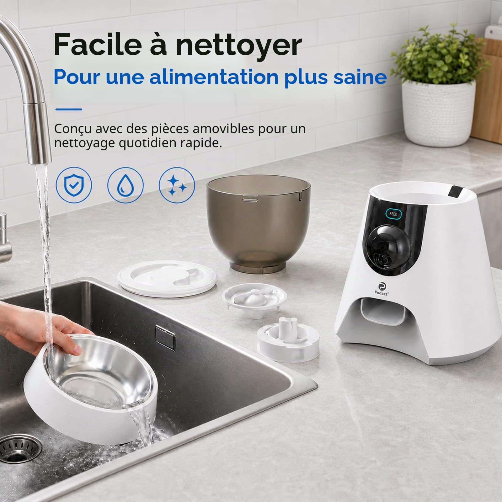 Podazz Distributeur Croquettes Chat Automatique avec Caméra 1080P, 2.4G/5G WiFi Gamelle Chat Automatique Contrôle Via App, Vision Nocturne, Audio Deux Voies, Bol INOX, Jusqu'à 10 Repas/Jour