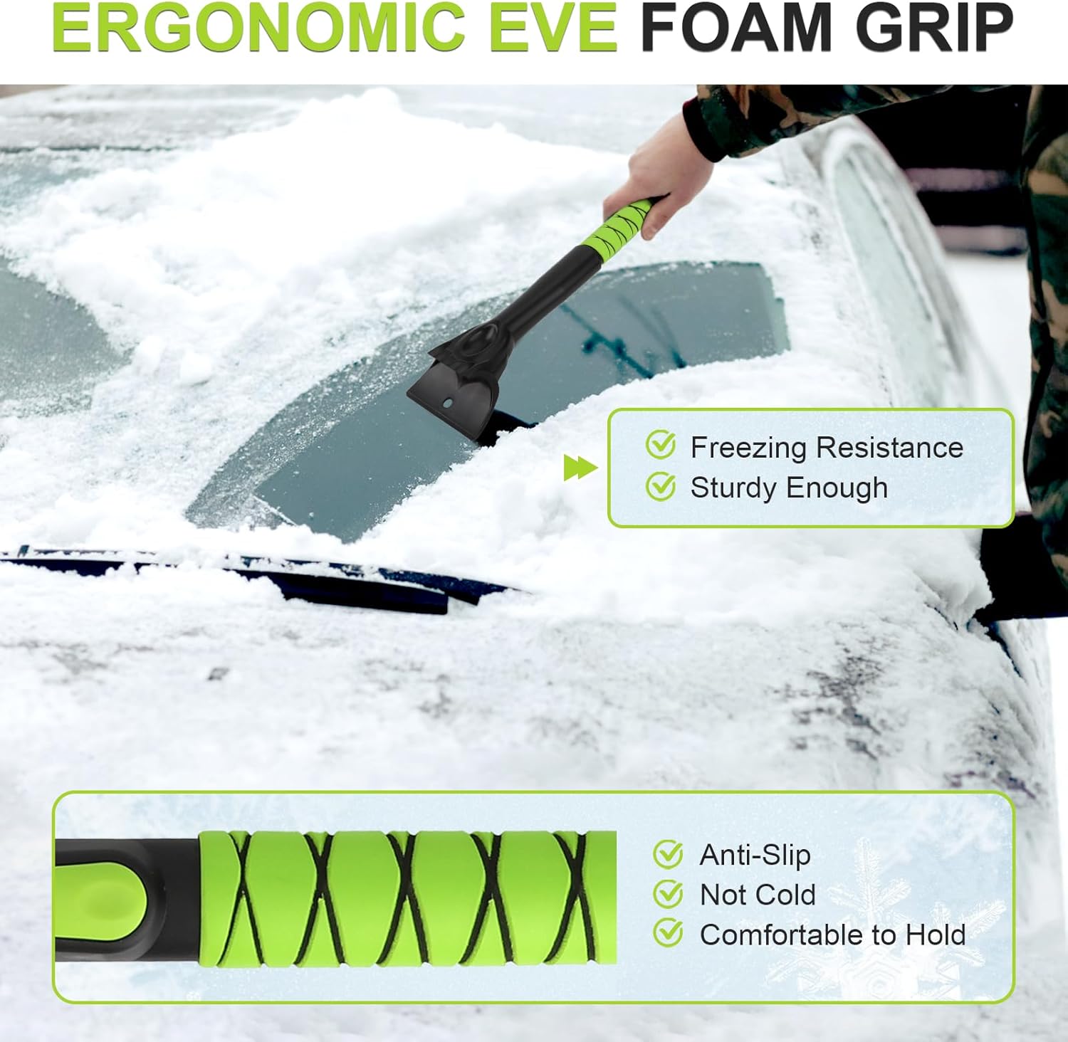 Yougfin 4 in 1 Ice Scraper & Snow Brush & Snow Shovel for Home Car, 43" Extendable Window Ice Removal with Squeegee for Windshield, Green
