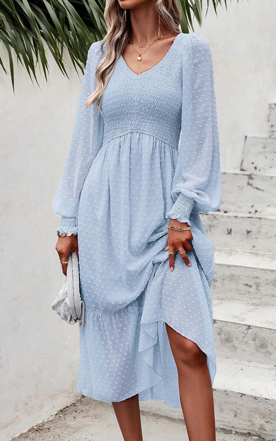 PRETTYGARDEN Women's Spring Dresses Long Sleeve V Neck Swiss Dot Empire Waist Chiffon Dress Ruffle Smocked Midi Dresses - Image 5