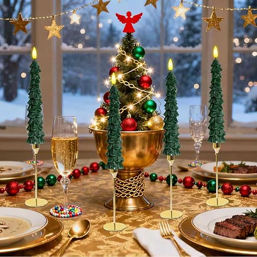 Miniatura 6 de 4 velas cónicas sin llama en forma de árbol de Navidad con control remoto y temporizador, candelabros LED de cera real, mecha de llama 3D, velas de