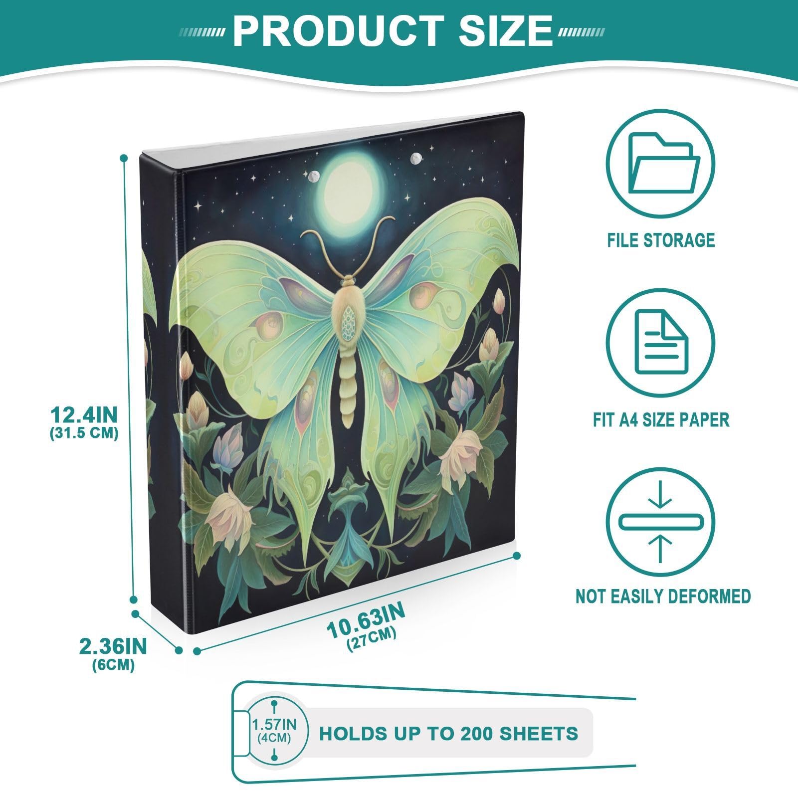 Luna Moth - Raccoglitore a 3 anelli con motivo floreale, con portablocco, grande, per scuola, università, ufficio (confezione da 2)