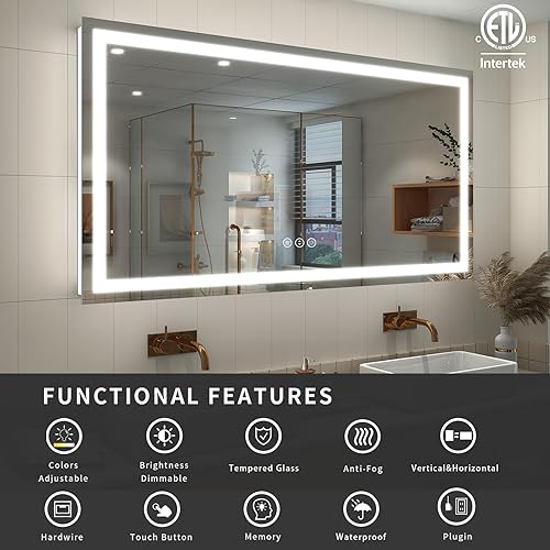 Miniatura 2 de ODDSAN Espejo LED grande de 55 x 36 pulgadas para baño, espejo de tocador iluminado para pared, regulable, antivaho, a prueba de roturas,