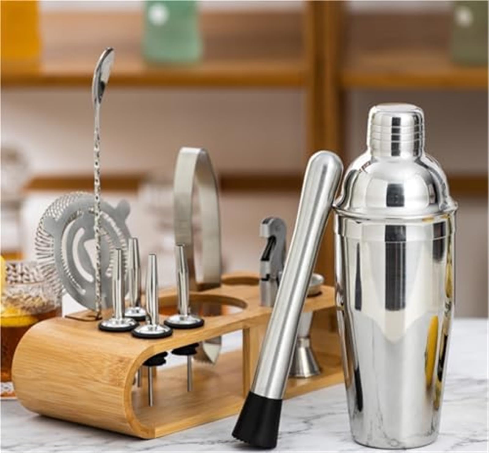 Kit de Barman - Juego de coctelera y mortero con Soporte de bambú - Perfecto for Martinis y cócteles(550ML)