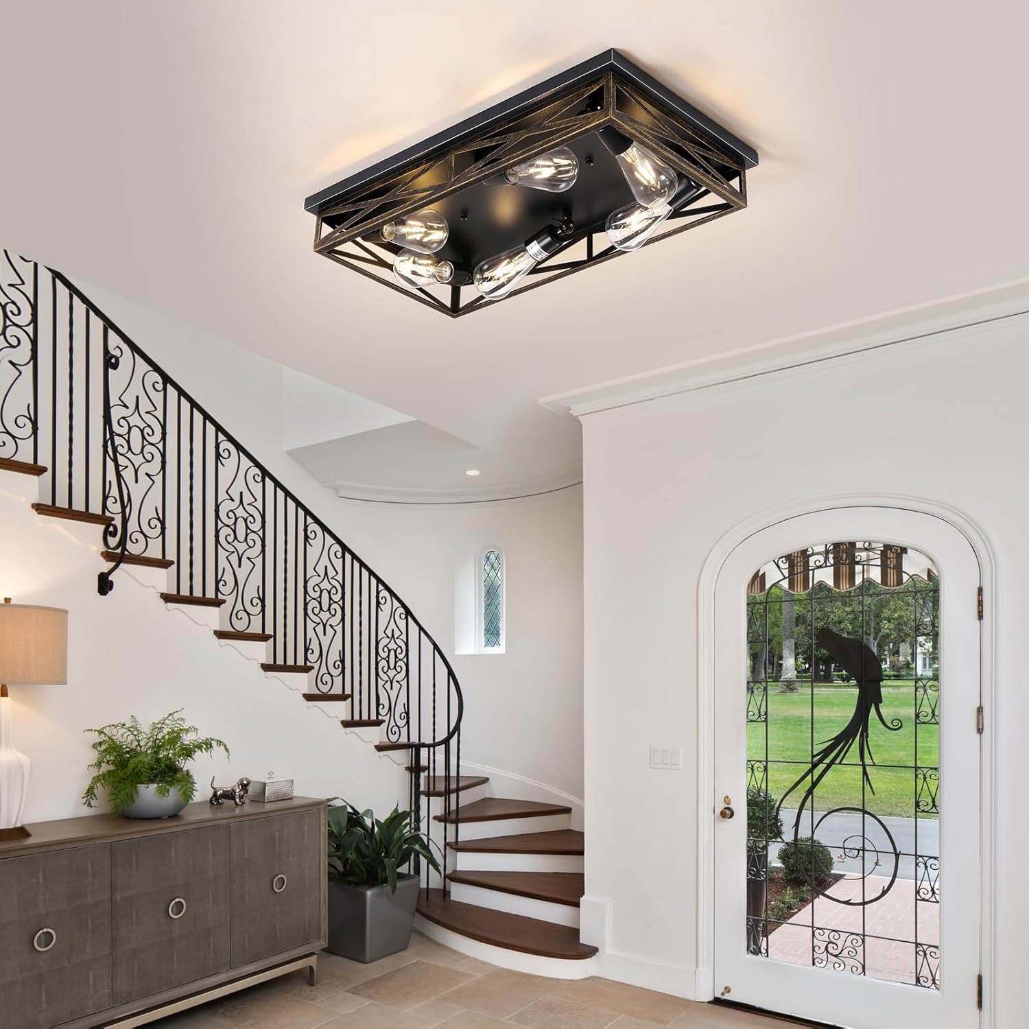 Farmhouse Rustic Ceiling Light for Kitchen, 6-Light Hallway Flush Mount Light Fixtures Ceiling Mount,23" Industrial Metal Cage Ceiling Light for Farmhouse,Kitchen,Hallway E26 Base(1 Pack)