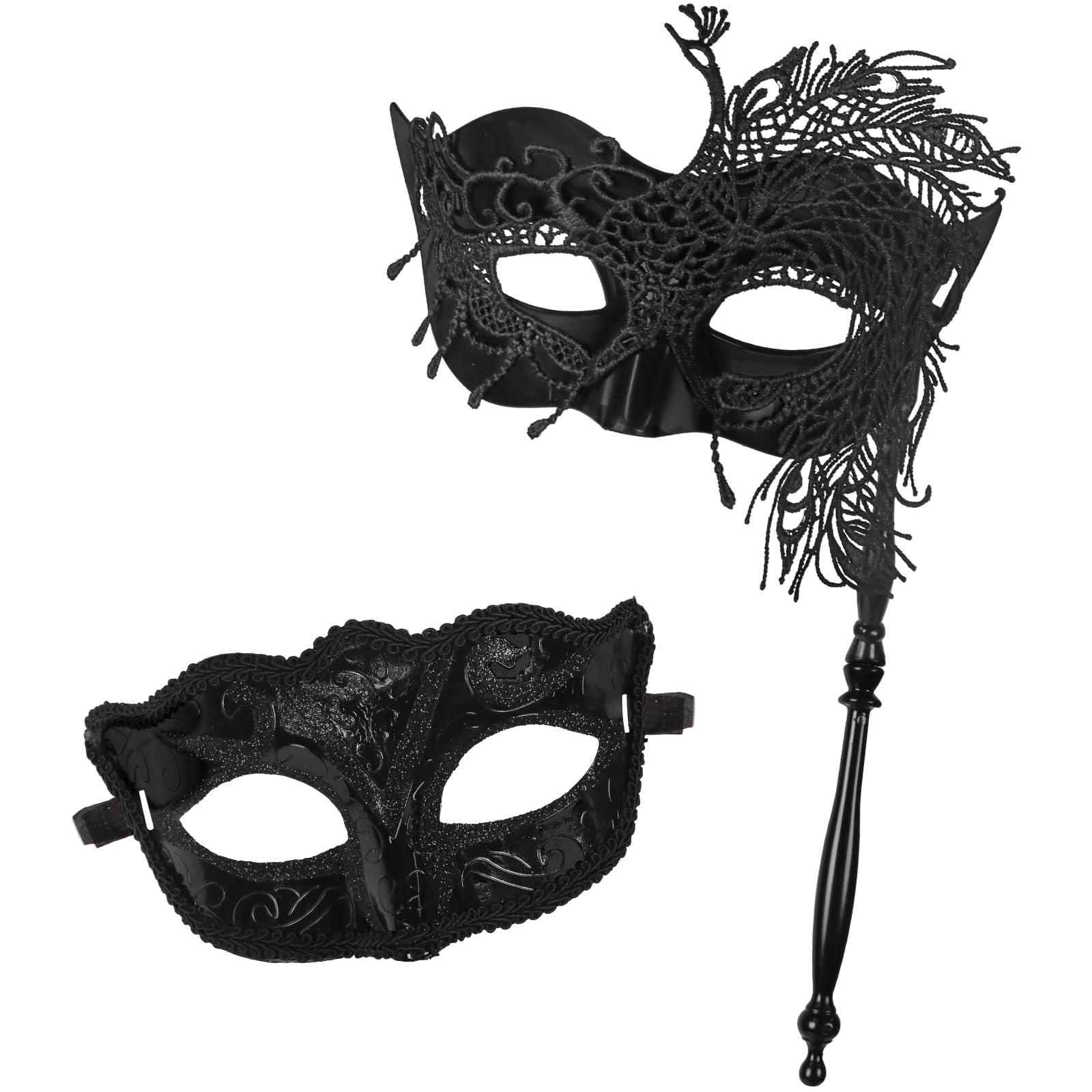 Auliuse 2 Pcs Masquerade Mask with Stick, Women's Masquerade Ball Masks, Black Couple Masks, Carnival Eye Mask for Evening Prom Costume Halloween Party Fancy Dress