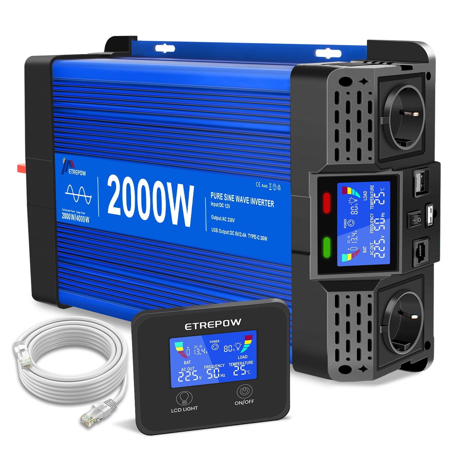 2000W/4000W 12V Auf 230V Reiner Sinus Wechselrichter mit Fernbedienung, 2 EU Steckdosen, 2 USB+Tycp-C Anschlüssen, geeignet für Haushaltsgeräte, Wohnmobile, Camping Spannungswandler
