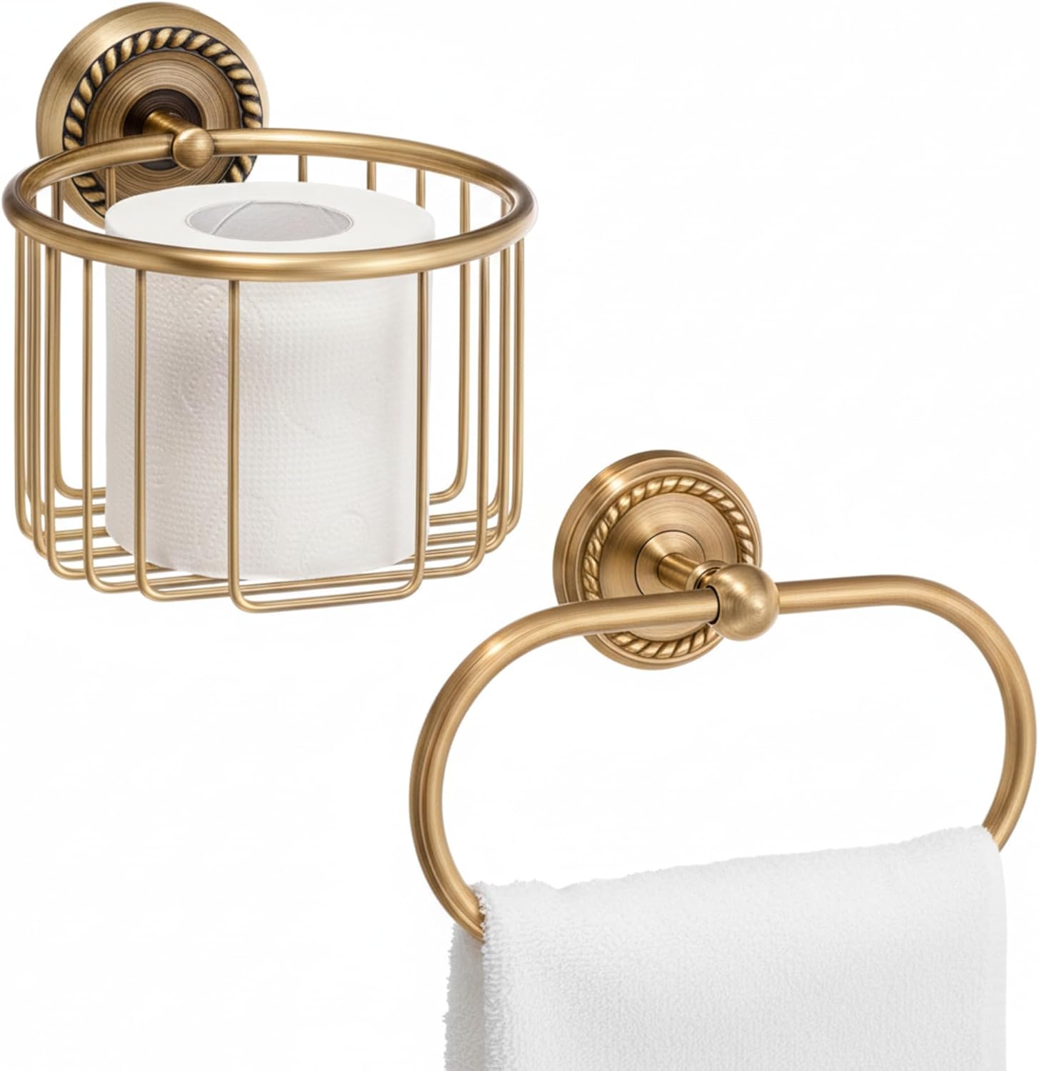 Lounsweer 2 Pcs Antique Brass Toilet Paper Holder, Brass Towel Ring Gold Bathroom Accessories Set Wall Mount Vintage Gold Tissue Roll Holder for Washroom Storage