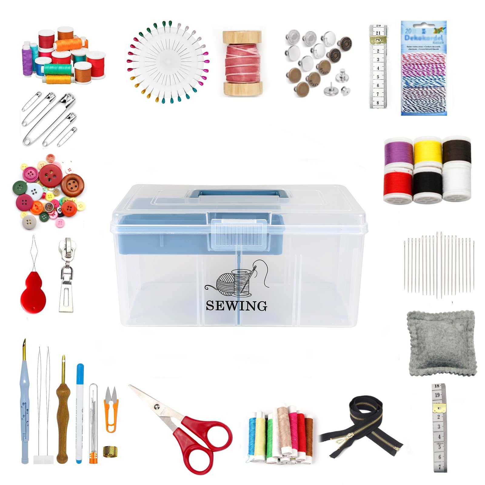 Cestino da cucito a 2 strati con maniglia per il trasporto, scatola da cucito trasparente vuota in plastica con inserto e coperchio ribaltabile, contenitore per accessori da cucito, filati, bottoni e