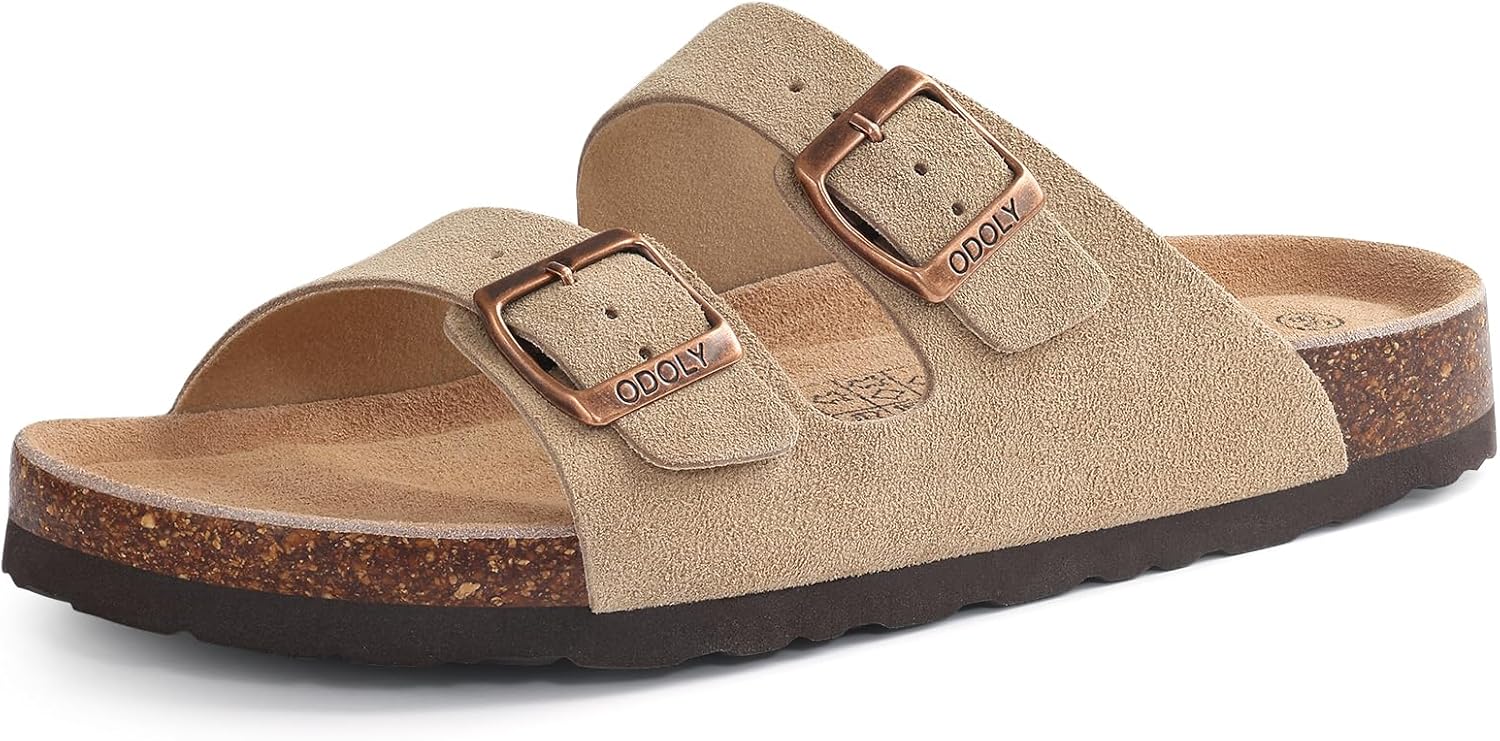 ODOLY Unisex Cork Footbed Slide Sandal, Arch Support Summer Outdoor Sandals with Adjustable Buckle for Women and Men