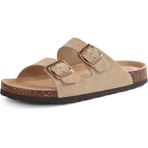 ODOLY Unisex Comfortable Cork Footbed Slide Sandals with Arch Support | Adjustable Buckle, Lightweight Summer Sandals for Travel and Everyday Wear