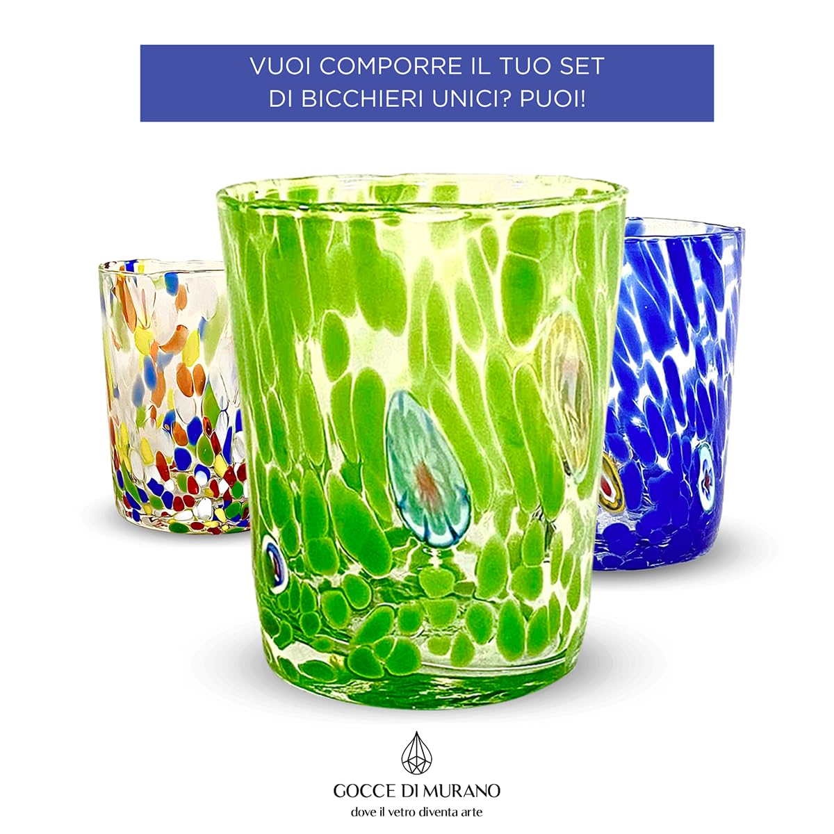 Gocce di Murano Un vaso de lluvia arco iris de cristal de Murano soplado 300 ml hecho a mano colorido paquete 2 copas de agua elegante y precioso (verde, 2)