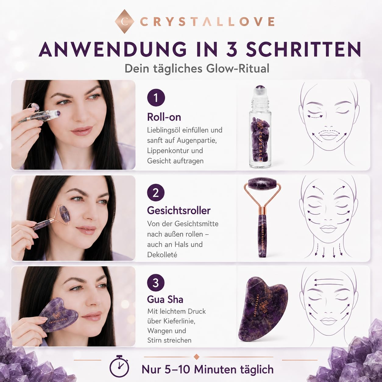 CRYSTALLOVE Amethyst Beauty Set, Gesichtsroller & Gua Sha Stein aus 100% natürlichem Amethyst, Jade Roller Alternative, Gesichtsmassage Set mit Roll-on Flasche 10 ml, Geschenkset für Frauen