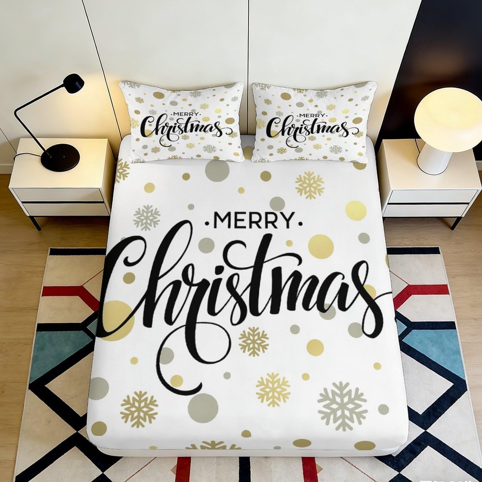 3D Printed Merry Christmas Fitted Sheet Microfiber Soft Breathable Snowflake Bed Cover for Bedroom Dormitory Guest Room Mattress Protection Decor 160x200x25cm
