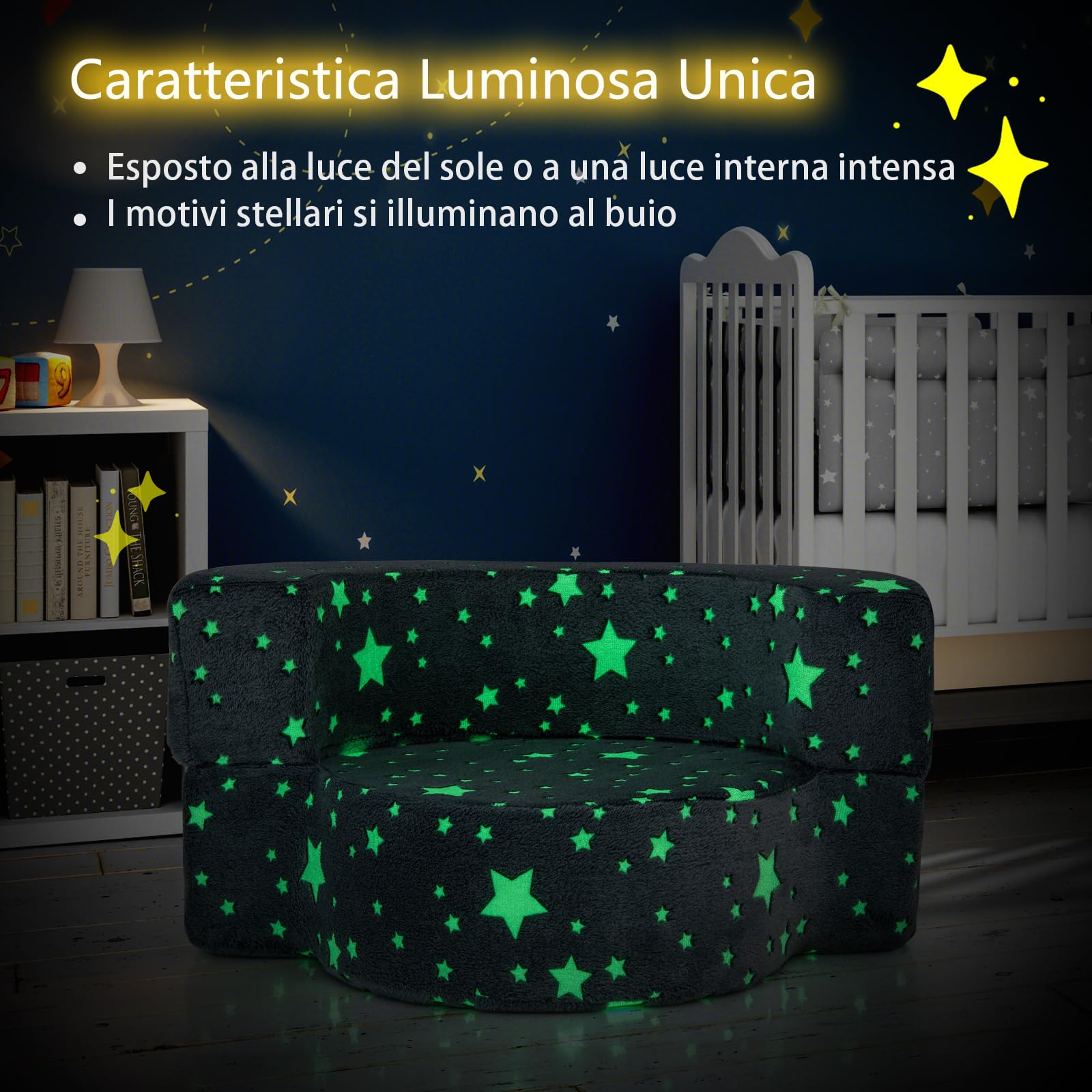 COSTWAY Divano in Schiuma Luminoso al Buio, Divano 2 in 1 per Bambini con Copertura Rimovibile e Lavabile, Poltrona per Bambini 3+ Anni per Cameretta e Soggiorno, 80 x 64 x 40 cm