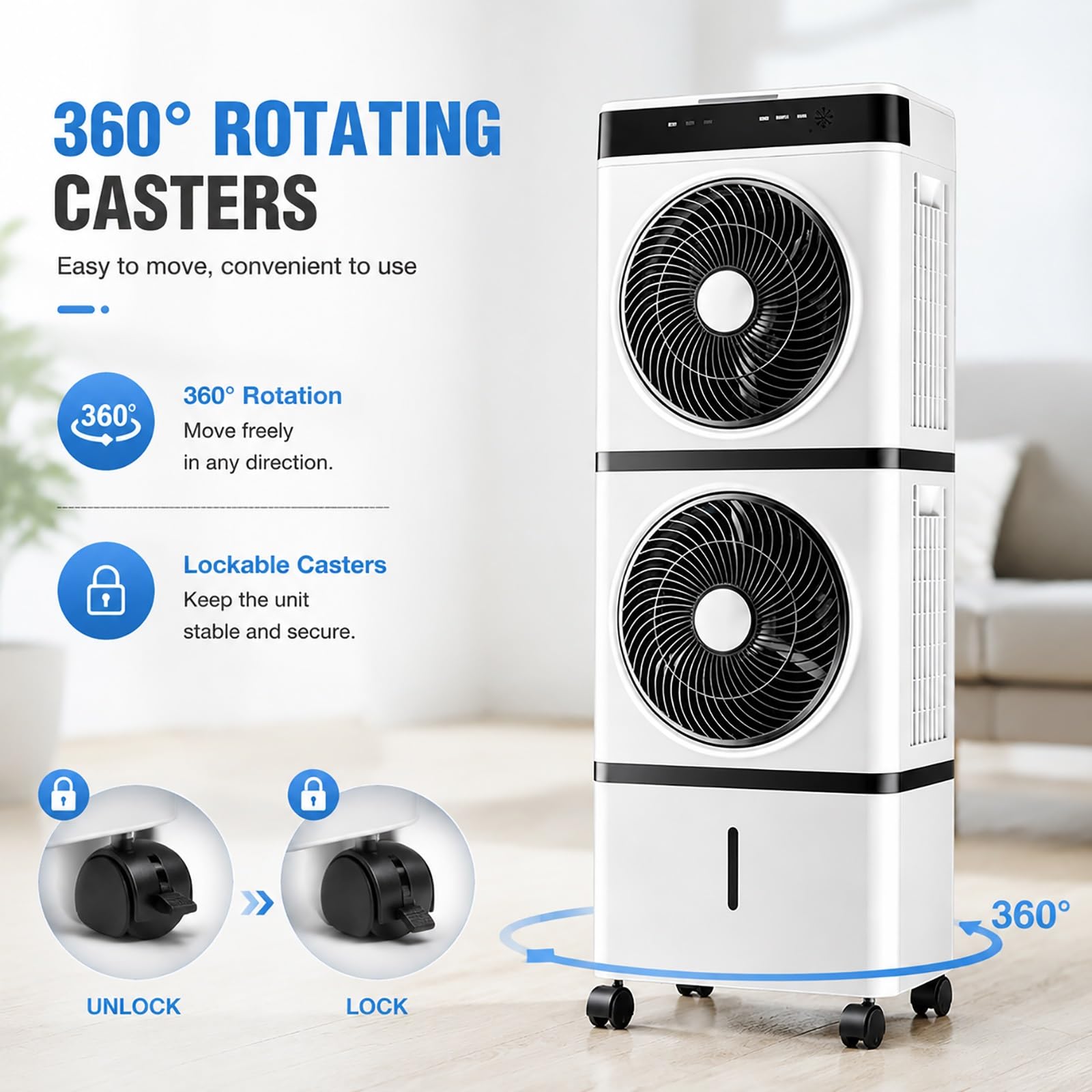 Climatizador Evaporativo Silencioso de 14 L, Temporizador de 12 Horas | Control Remoto, 3 Velocidades, 1200 CFM, 4 Paquetes de Hielo, para Oficinas en Casa
