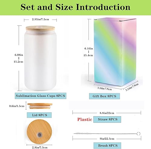 Miniatura 7 de ABBSH Espacios en blanco de vidrio de sublimación con tapa de bambú, vaso de vidrio esmerilado por sublimación de 16 onzas, vaso de lata de cerveza