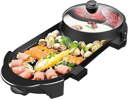 SEAAN Hot Pot with Grill, Korean BBQ Grill Indoor Hotpot Pot Electric Combo, Shabu Shabu Pot with Divider KBBQ Grill Smokeless Non-stick Separate Dual Temperature Control, for 2-12 People, 110V