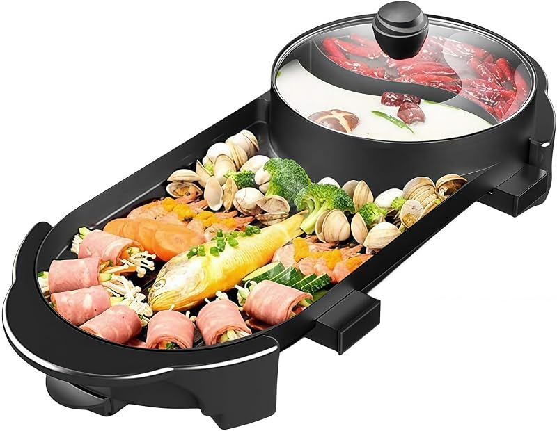 SEAAN Hot Pot with Grill, Korean BBQ Grill Indoor Hotpot Pot Electric Combo, Shabu Shabu Pot with Divider KBBQ Grill Smokeless Non-stick Separate Dual Temperature Control, for 2-12 People, 110V