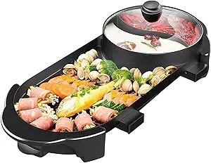 Hot Pot with Grill, Korean BBQ Grill Indoor Hotpot Pot Electric Combo, Shabu Shabu Pot with Divider KBBQ Grill Smokeless Non-stick Separate Dual Temperature Control