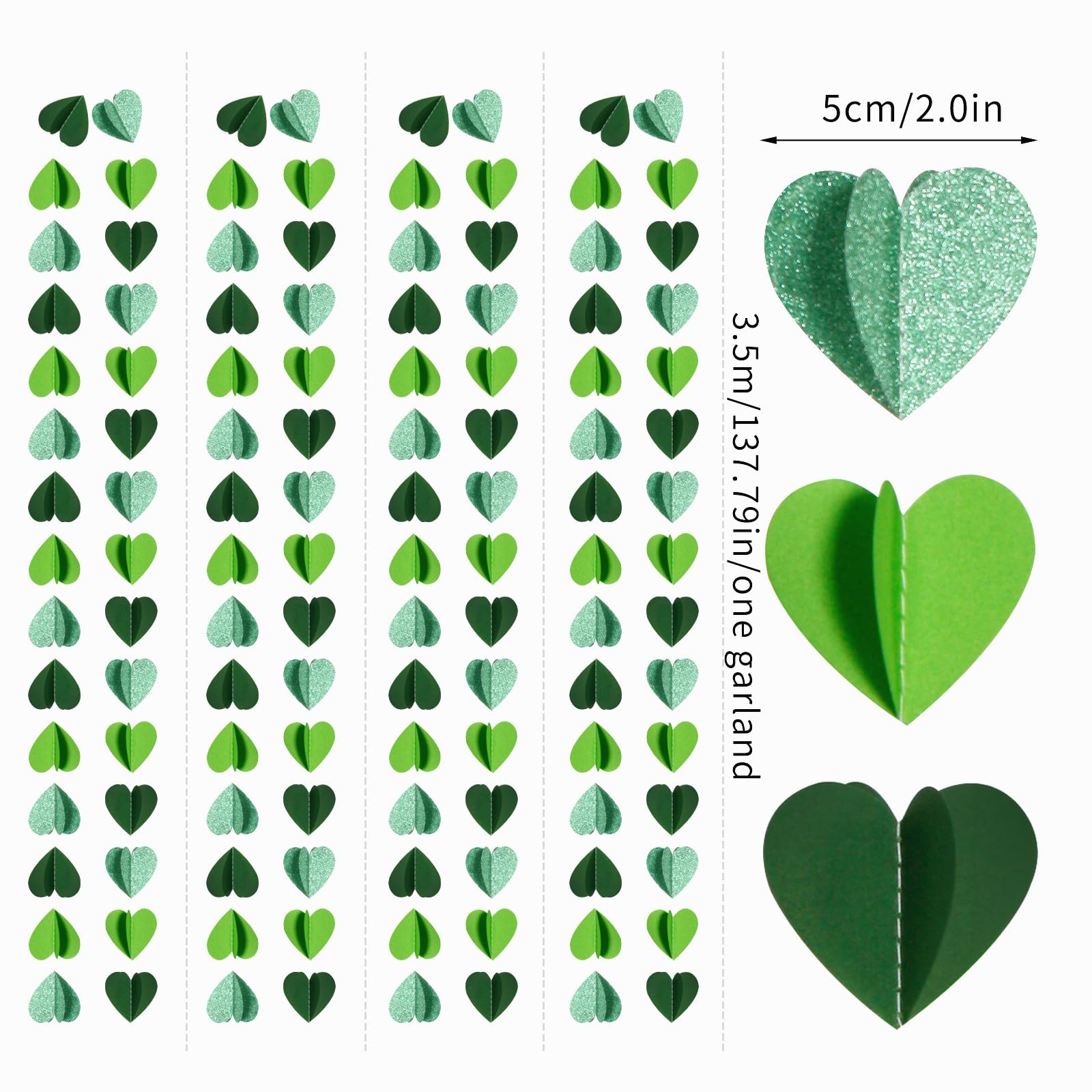 Grüne Party-Dekoration, Herz-Girlande, 14 m, 3D-Frühling, Sommer, Garten, hängende Luftschlangen, Banner, Geburtstag, Hochzeit, Verlobung, Babyparty, St. Patrick's Day, Hintergrunddekoration Burgleda