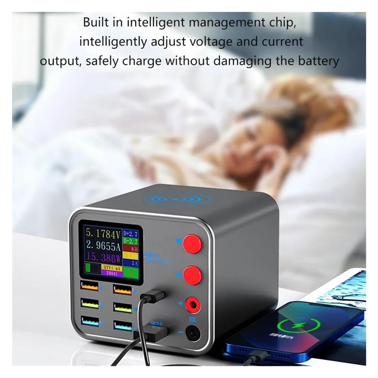 Wielofunkcyjna Stacja Ładująca 120 W Z Wyświetlaczem LED 8 Portów USB QC3.0 USB-C PD 20 Szybka Bezprzewodowa Ładowarka Technologia Szybkiego Bezpiecznego ładowania