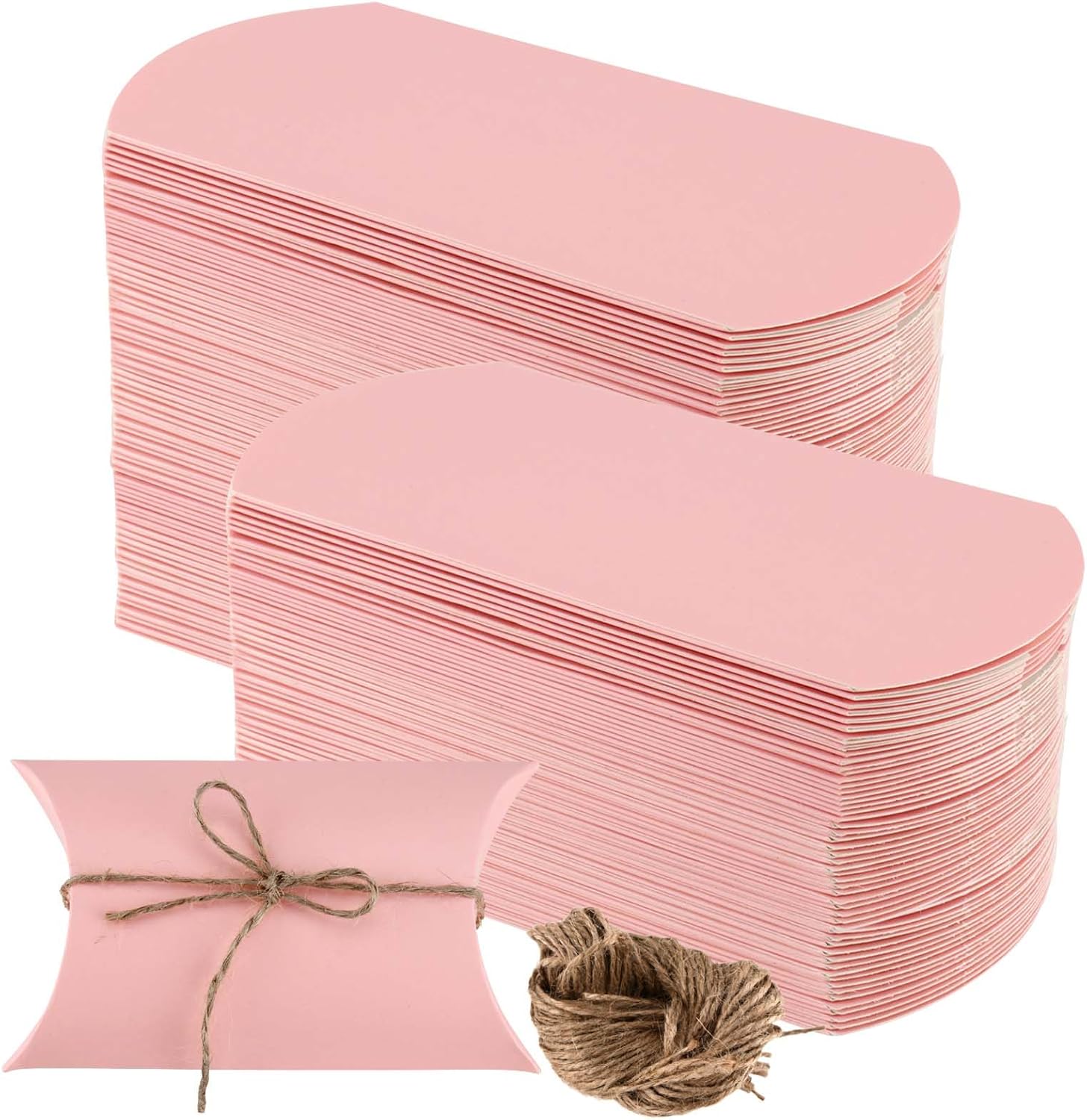 SEUNMUK 150 Pack 5.1 x 3.5 Inches Pink Pillow Boxes, Kraft Paper Gift Boxes with Jute Twines, Pink Pillow Candy Box Gift Box Party Wedding Favor for Anniversary, Birthday, Shower, Halloween