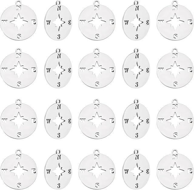 UNICRAFTALE 20pcs Flat Round Compass Charms 201 Stainless Steel Pendant Steel Color Flat Round Charms for DIY Necklace Bracelet Making Hole 1.4mm