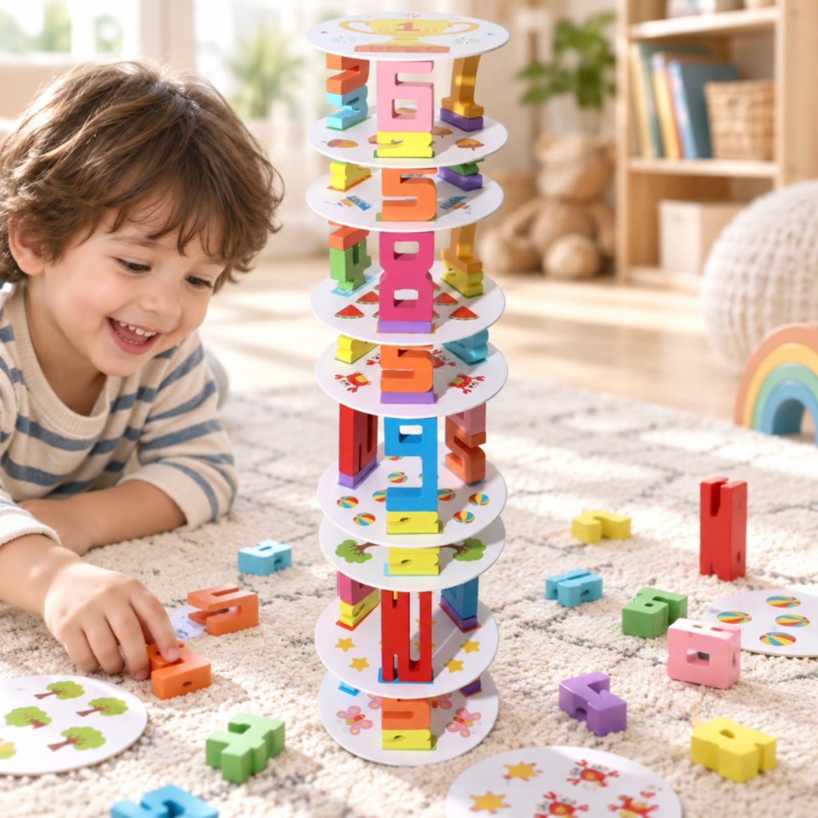 Gioco di Impilamento di Numeri con Piattaforme e Carte Aritmetiche Colorato Torre Equilibrio con Blocchi Numerici Interattivo Giocattolo per Asilo