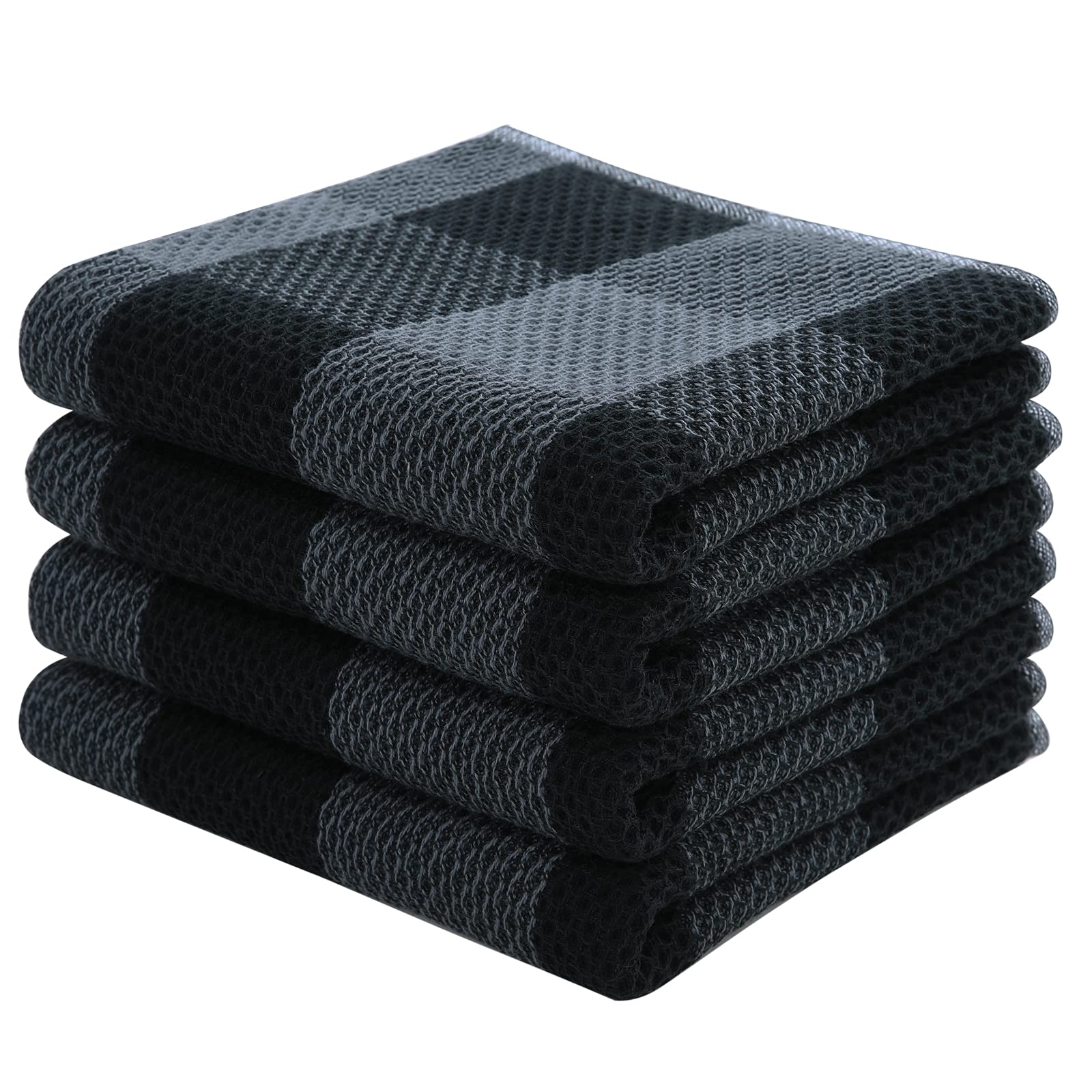 Homaxy 100% Cotton Waffle Weave Check Plaid Kitchen Towels, 13 x 28 Inches, Super Soft and Absorbent Dish Towels for Drying Dishes, 4-Pack, Black & Grey