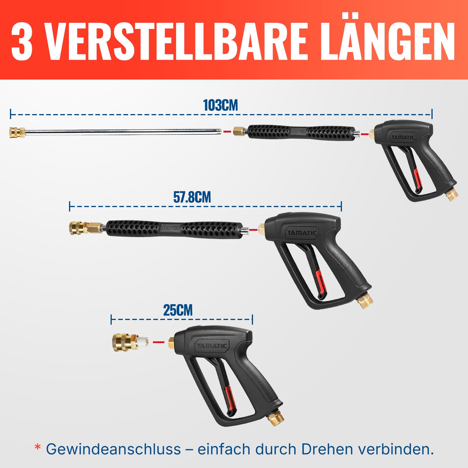 YAMATIC Hochdruckreiniger-Pistole mit 5 Sprühdüsen, Jet-Waschpistole, kompatibel mit Kärcher K-Serie K2-K7, M22-14 mm und M22-15 mm Einlass-Hochdruckreiniger, Verlängerungsstab für Auto-Reinigungssets