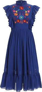 Women Mexican Embroidered Dress Traditional Casual Summer Floral Cinco De Mayo Fiesta Outfit Dance Party Midi Dresses