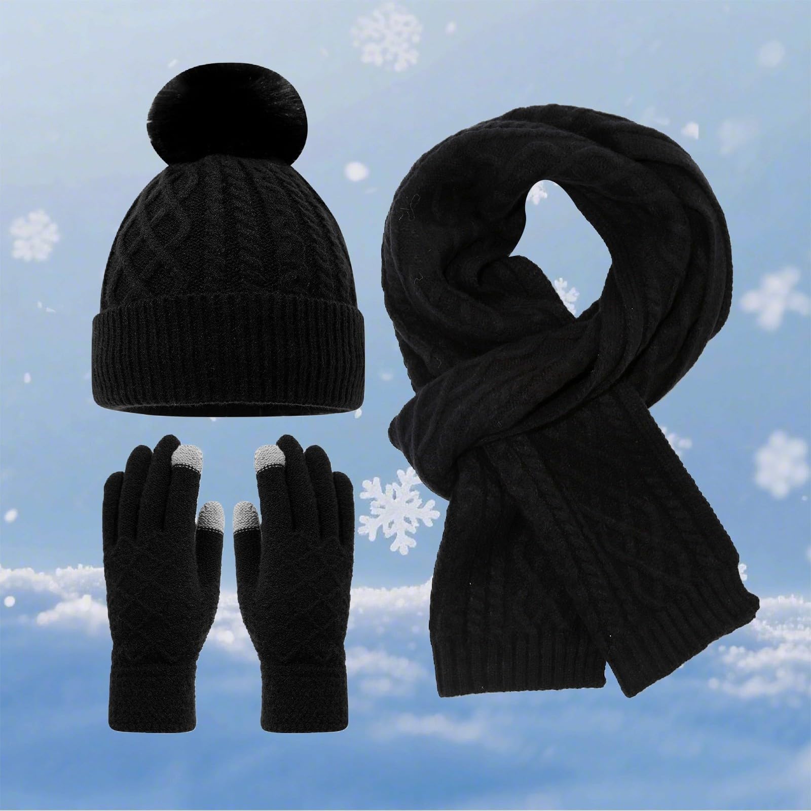Generisch Ensemble d'hiver unisexe 3 pièces avec motif tressé, bonnet à pompon, écharpe et gants pour écran tactile | Ensemble d'accessoires chauds en tricot