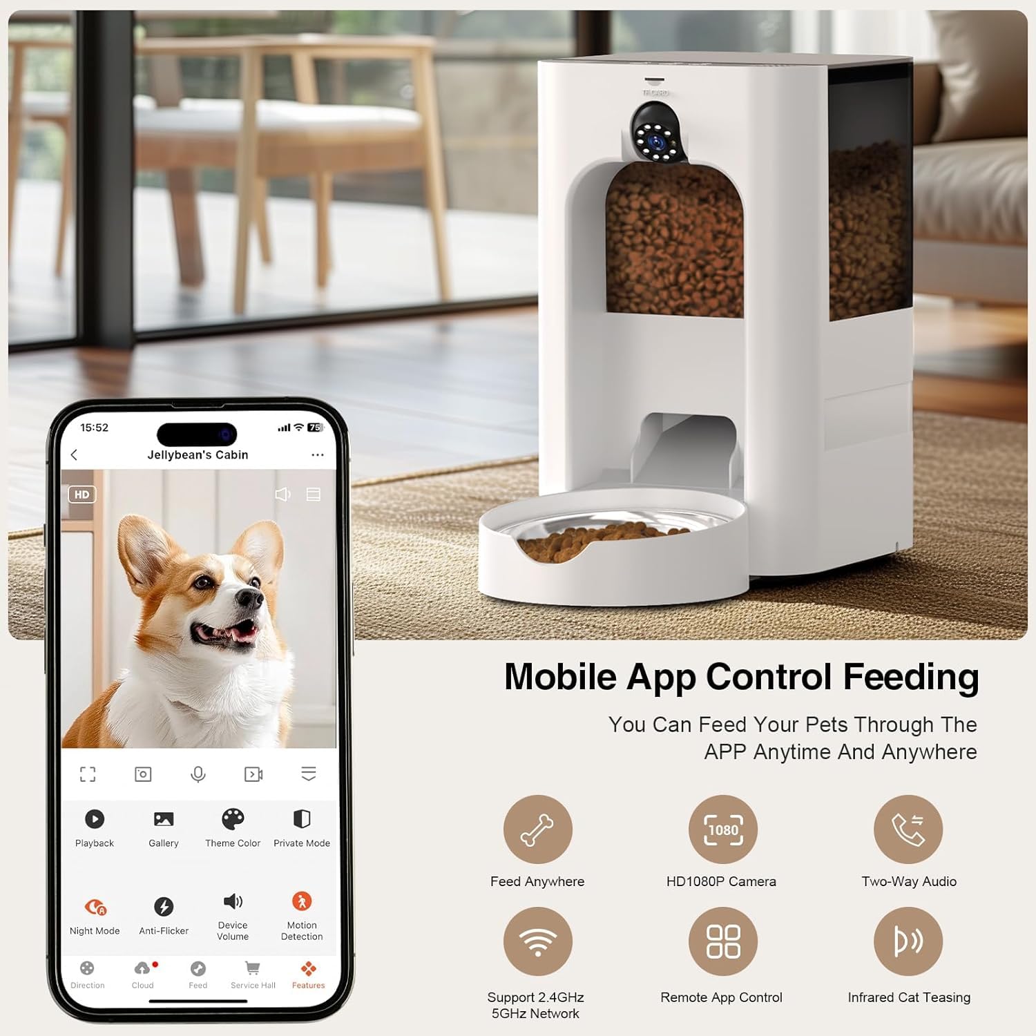 Smart Automatic Cat Feeder with 1080P Camera & Laser Toy, 5G WiFi 5L Pet Feeder for Cats & Dogs, Night Vision, Motion Detection, 2-Way Audio, APP Control, Timed Dry Food Dispenser - image 3